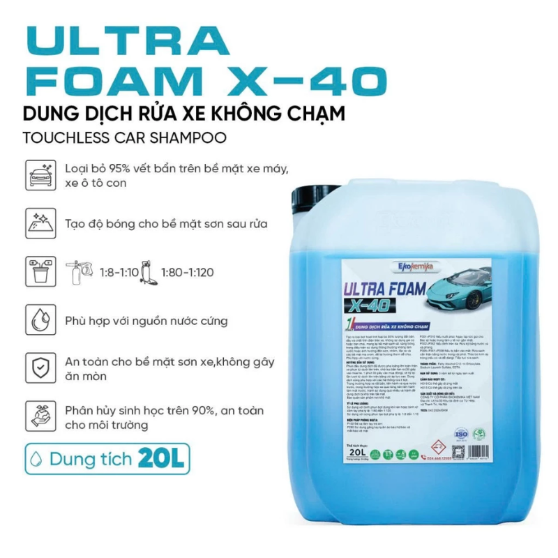 Dung dịch rửa xe không chạm Ekokemika Ultra Foam X-40 sở hữu khả năng làm sạch vượt trội